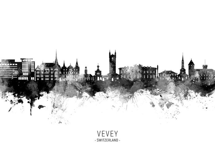 Vevey Greeting Card featuring the digital art Vevey Switzerland Skyline #20 by Michael Tompsett