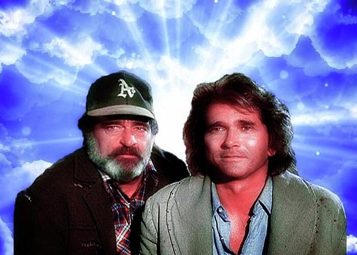 Michael Landon Greeting Card featuring the mixed media Victor French and Michael Landon - Real Angels Now by Teresa Trotter