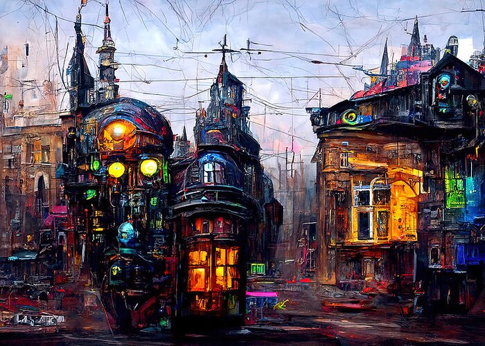 Steampunk Greeting Card featuring the painting Victorian Steampunk City, 02 by AM FineArtPrints