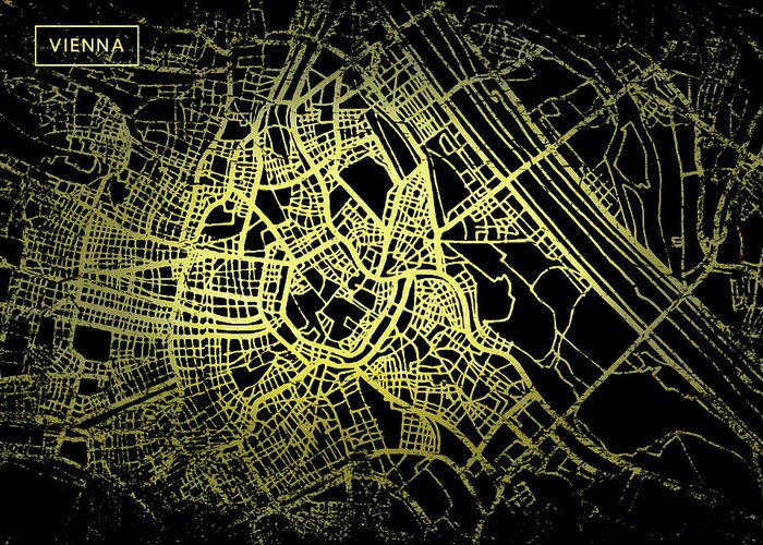 Map Greeting Card featuring the digital art Vienna Map in Gold and Black by Sambel Pedes