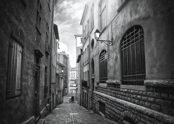 Lyon Greeting Card featuring the photograph Vieux Lyon France Rue Vieil Renverse Black and White by Carol Japp