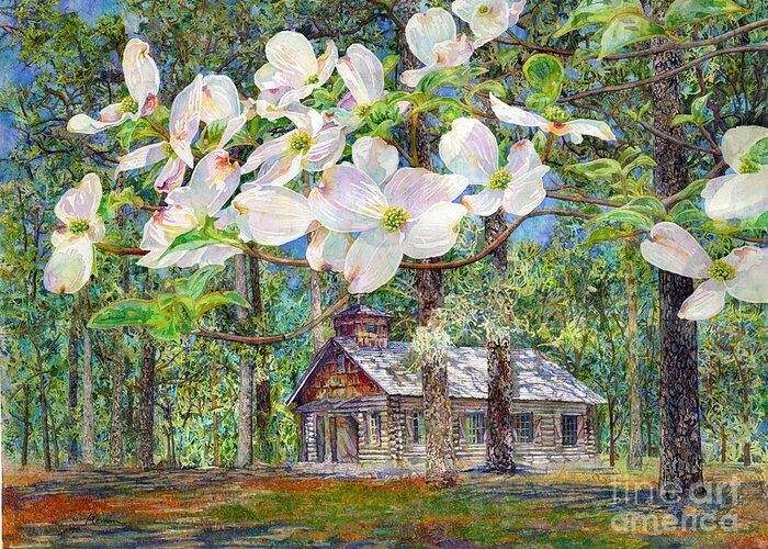 Texas Park Greeting Card featuring the painting View Beyond Dogwood, Mission Tejas State Park by Hailey E Herrera