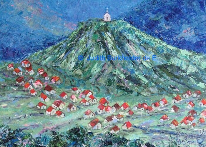 Landscape Greeting Card featuring the painting Village Church - SOLD by Judith Espinoza