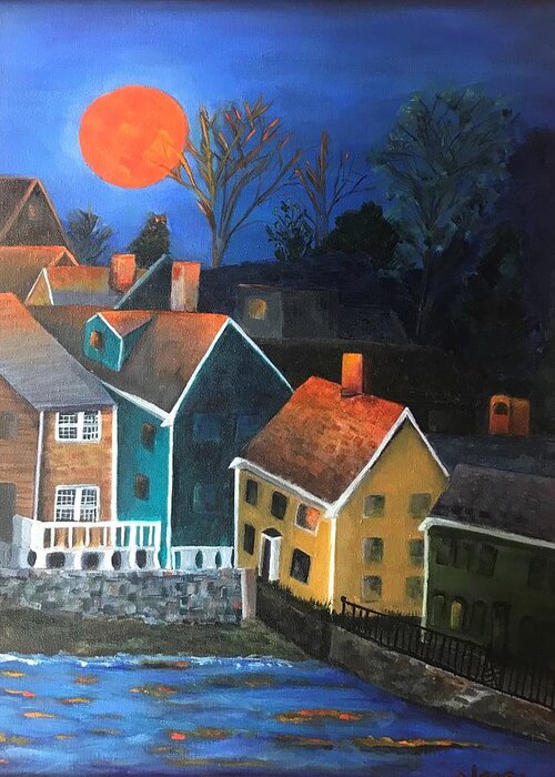 Moon Greeting Card featuring the painting Village Moon by Deborah Naves