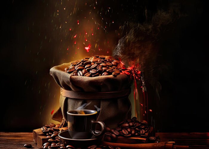 Coffee Greeting Card featuring the digital art Vintage Aroma - Roastery Art by Lourry Legarde