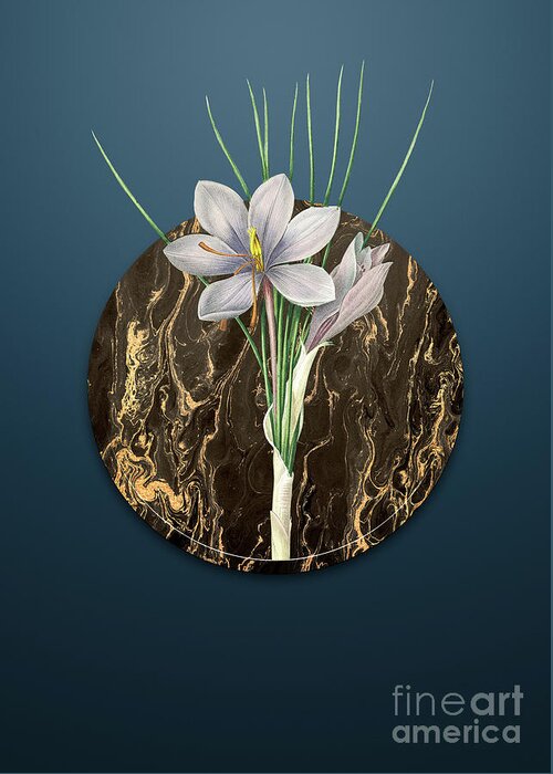 Vintage Greeting Card featuring the painting Vintage Autumn Crocus Art in Gilded Marble on Dusk Blue by Holy Rock Design