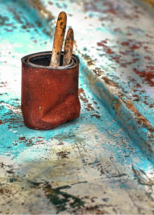 Rowboat Greeting Card featuring the photograph Rusted Paint Can On the Hull of a Wooden Rowboat by Cordia Murphy