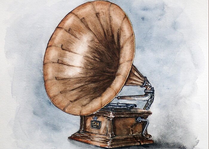 Gramophone Greeting Card featuring the painting Vintage Gramophone by Kelly Mills