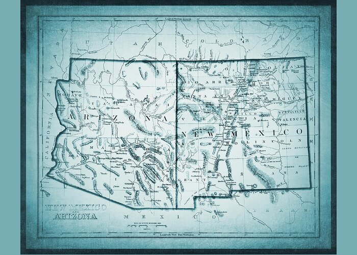 New Mexico Greeting Card featuring the photograph Vintage Map New Mexico and Arizona 1875 Cool Blue by Carol Japp