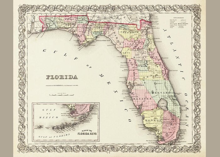 Florida Map Greeting Card featuring the photograph Vintage Map State of Florida 1856 by Carol Japp