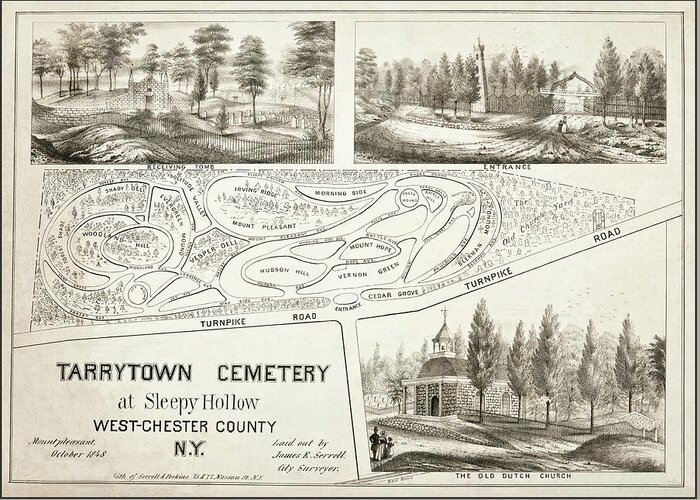Sleepy Hollow Greeting Card featuring the photograph Vintage Map Tarrytown Cemetery at Sleepy Hollow 1848 by Carol Japp
