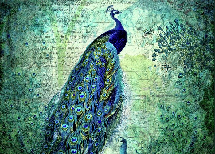 Peacocks Greeting Card featuring the mixed media Vintage Peacocks and Botanicals Collage by Peggy Collins