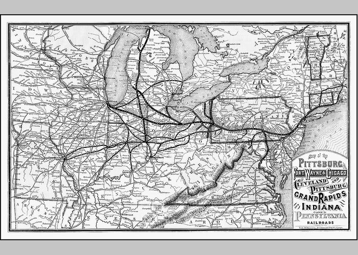 Railroad Greeting Card featuring the photograph Vintage Railroad Map 1874 Pittsburgh and Beyond Black and White by Carol Japp