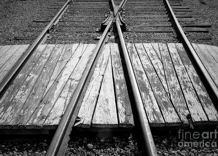 Railroad Switch Greeting Card featuring the photograph Vintage Railroad Switch BW by Elisabeth Lucas