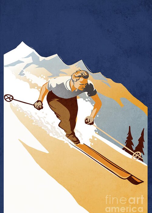  Greeting Card featuring the painting Vintage Skier by Sassan Filsoof