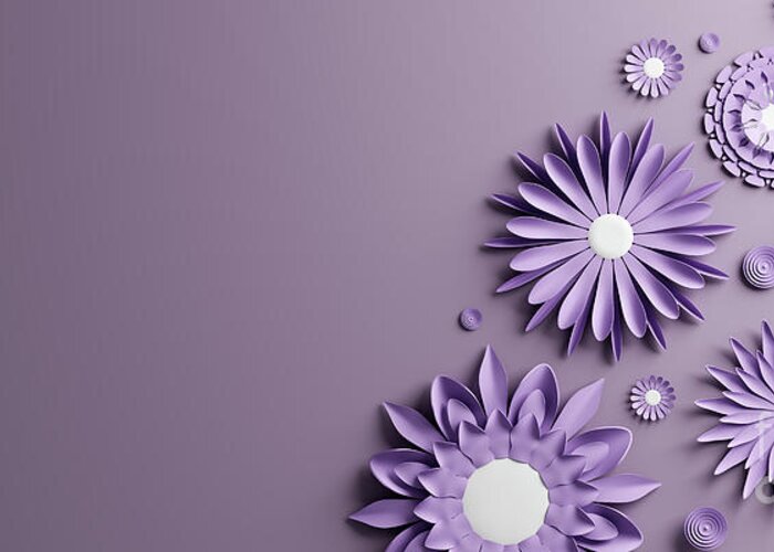 Violet paper flowers background. Handmade decoration Greeting Card by  Michal Bednarek
