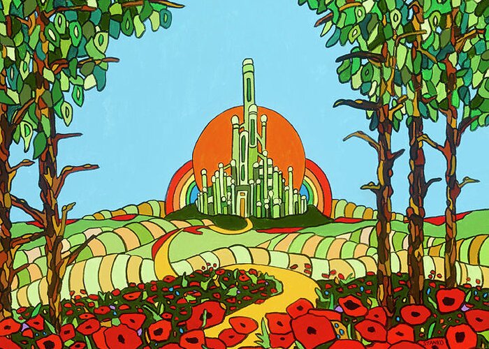 Wizard Of Oz Emerald City Off To See The Wizard Poppies Yellow Brick Road Greeting Card featuring the painting Visiting Oz by Mike Stanko