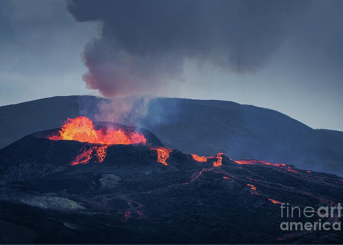 Volcano Greeting Card featuring the photograph Volcano eruption in Iceland by Delphimages Photo Creations
