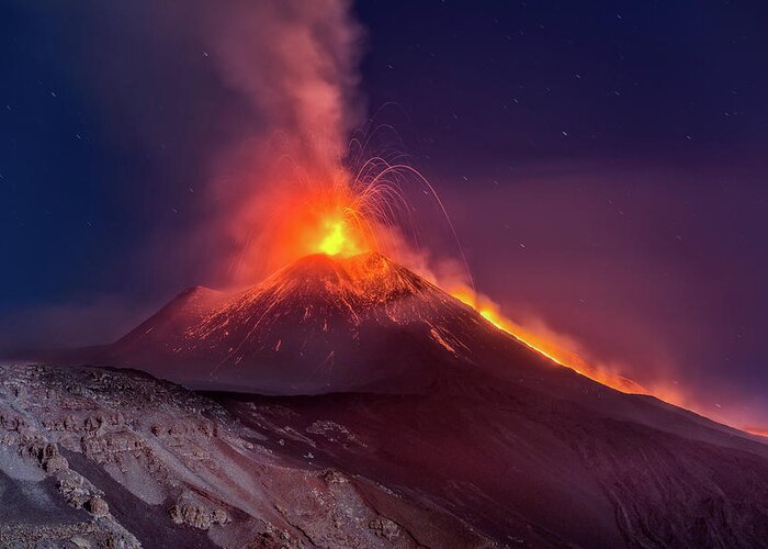 Eruptions Greeting Card featuring the photograph Volcano Etna eruption 11 August 2014 by Mirko Chessari