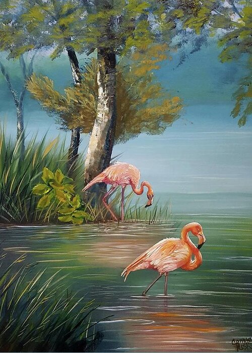Flamingos Greeting Card featuring the painting Wading in the Shallows by Connie Rish