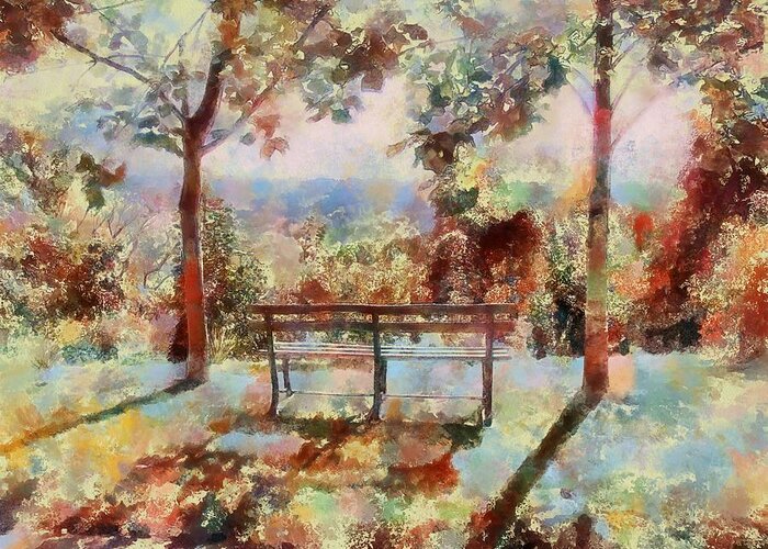Bench Greeting Card featuring the mixed media Waiting Bench by Christopher Reed
