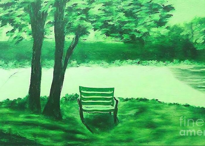 Park Greeting Card featuring the painting Waiting for You 2 Painting park shadow trees adirondack grass green lush by N Akkash