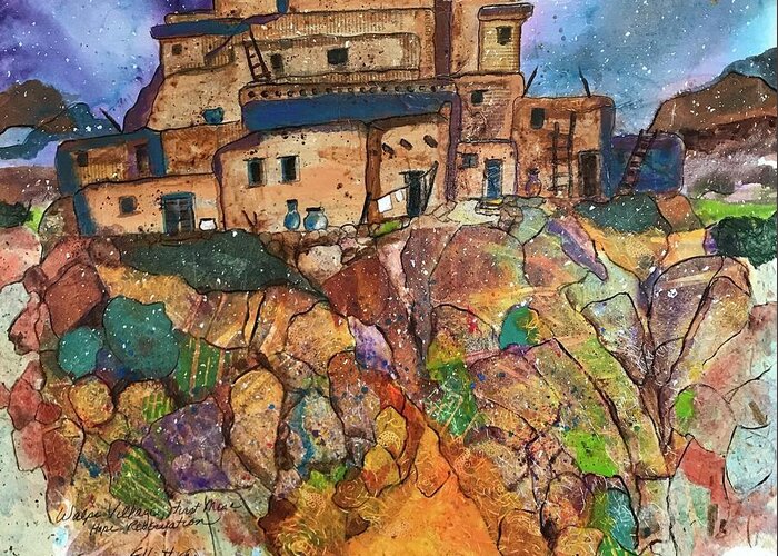 Ancient Dwelling Greeting Card featuring the painting Walpi Village Pueblo by Elaine Elliott