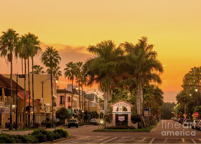 Gulf Coast Greeting Card featuring the photograph Warm Sunset in Historic Venice, Florida by Liesl Walsh