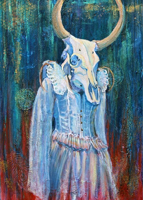 Mixedmedia Collage Acrylics Modeling -paste Woman Skull Cow Skull Cowhead Horns Ghostly Haunting Wedding-dress Symbolic Greeting Card featuring the mixed media Warrior by Li Newton