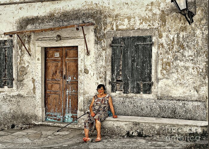 Corfu Greece Candid Old Dirty House Women Sitting Resting Life-style Human Home Portrait Lady Greek Scene Decrepit Rusted Decayed Degenerated Deteriorate Captivating Rotten Retired Decomposed Loved Odd Outlandish Bizarre Peculiar Conceptual Quirky Eccentric Weird Rustic Corroded Tarnished Past Decay Magical Door Window Haven Shattered Texture Nostalgia Abandoned Nostalgic Derelict Disintegrated Touching Destroyed Falling Down Demolished Corrode Ancient Bygone Battered Crippled Dated Journalism Greeting Card featuring the photograph Was Beautiful Once by Tatiana Bogracheva