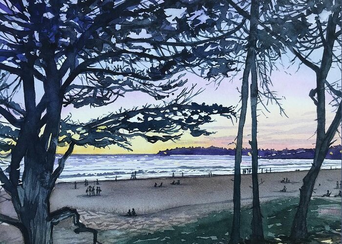 Carmel Greeting Card featuring the painting Watching the Sunset - Carmel Beach by Luisa Millicent