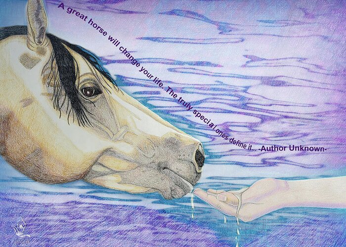 Horse Quote Greeting Card featuring the drawing Water for My Friend with Quote by Equus Artisan
