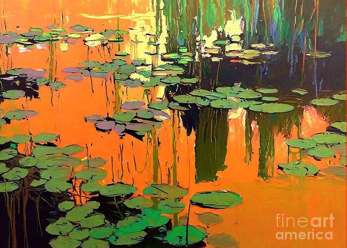  Greeting Card featuring the painting Water Lilies Painting Water lilies Leaves Lake Pond Evening back by N Akkash