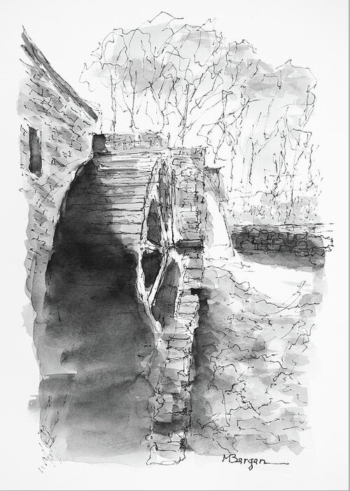 Water Wheel Greeting Card featuring the drawing Water Wheel by Mike Bergen