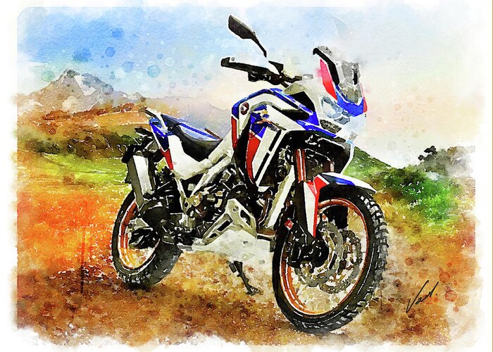 Art Greeting Card featuring the painting Watercolor Africa Twin Adventure motorcycle by Vart by Vart
