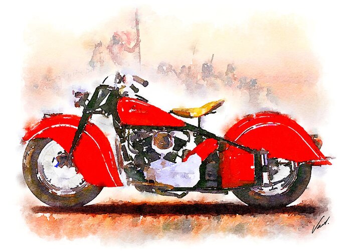 Watercolor Greeting Card featuring the painting Watercolor Classic Indian motorcycle by Vart by Vart