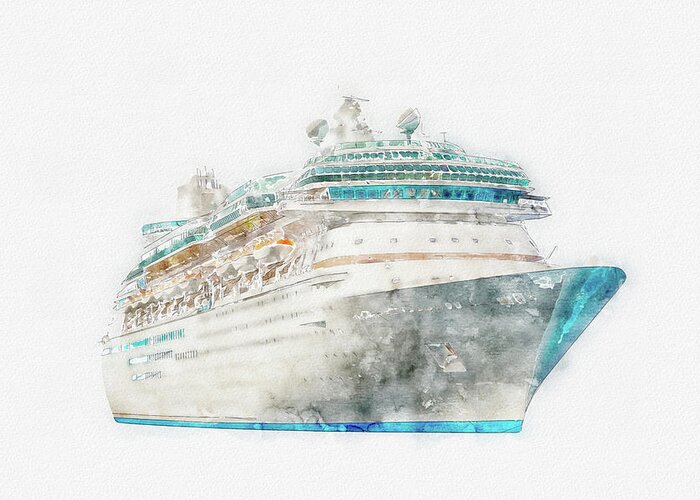 Drawing Greeting Card featuring the digital art Watercolor drawing of cruise ship isolated on white background, modern ocean liner by Maria Kray