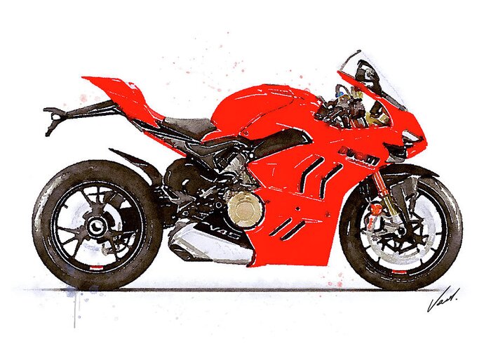 Sport Greeting Card featuring the painting Watercolor Ducati Panigale V4S 2022 motorcycle - oryginal artwork by Vart. by Vart Studio