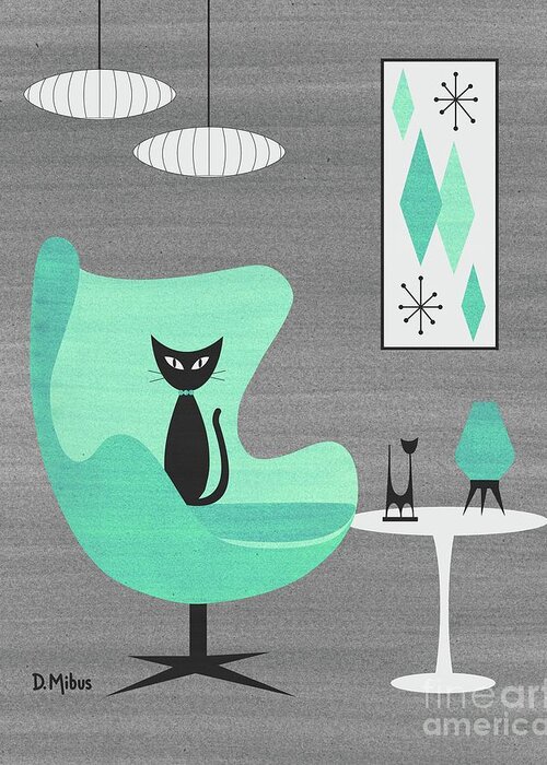 Mid Century Modern Greeting Card featuring the mixed media Egg Chair in Aqua nd Gray by Donna Mibus