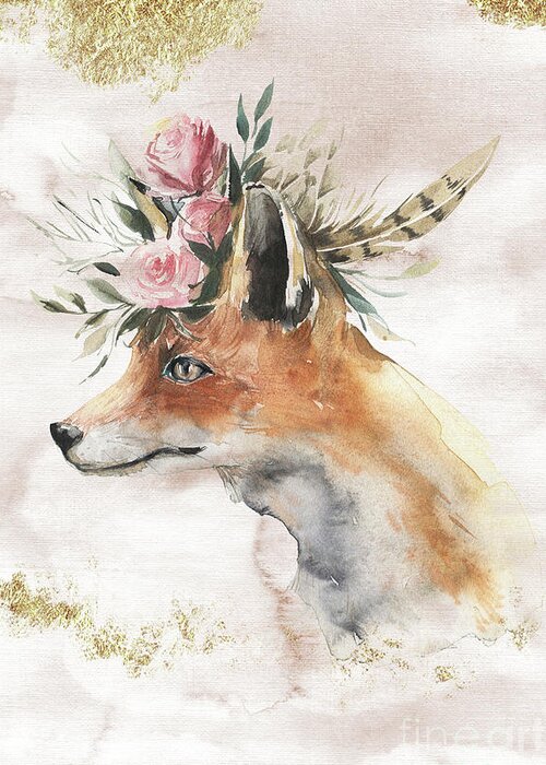 Watercolor Fox Greeting Card featuring the painting Watercolor Fox With Flowers And Gold by Garden Of Delights