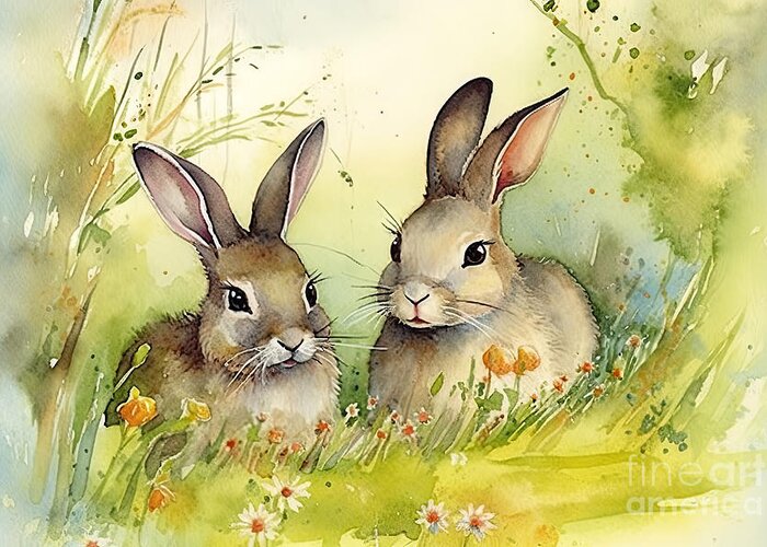 Animal Greeting Card featuring the painting Watercolor Illustration Rabbits by N Akkash