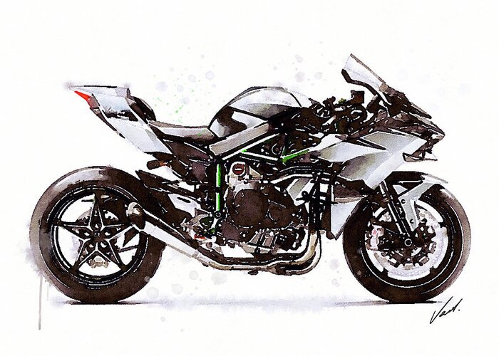 Sport Greeting Card featuring the painting Watercolor Kawasaki Ninja H2R motorcycle - orygin by Vart Studio