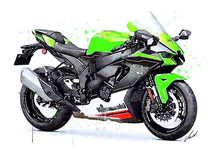 Sport Greeting Card featuring the painting Watercolor Kawasaki Ninja ZX10R motorcycle - oryginal artwork by Va by Vart Studio