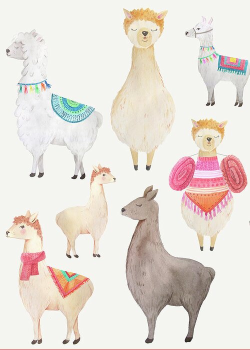 Llamas Greeting Card featuring the painting Watercolor Llamas by Modern Art