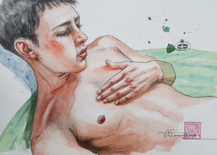 Male Nude Greeting Card featuring the painting Watercolor Male Nude #20715 by Hongtao Huang