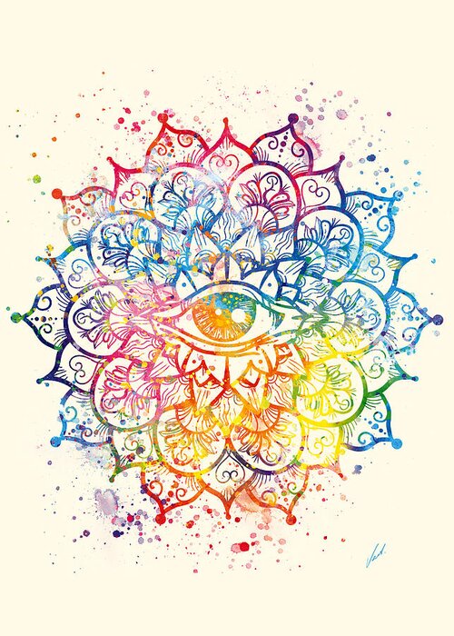 Watercolor Greeting Card featuring the painting Watercolor mandala, EYE of CONSCIOUSNESS by Vart by Vart