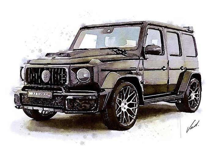 Car Art Greeting Card featuring the painting Watercolor Mercedes G Brabus, art print poster - oryginal artwork by Vart by Vart
