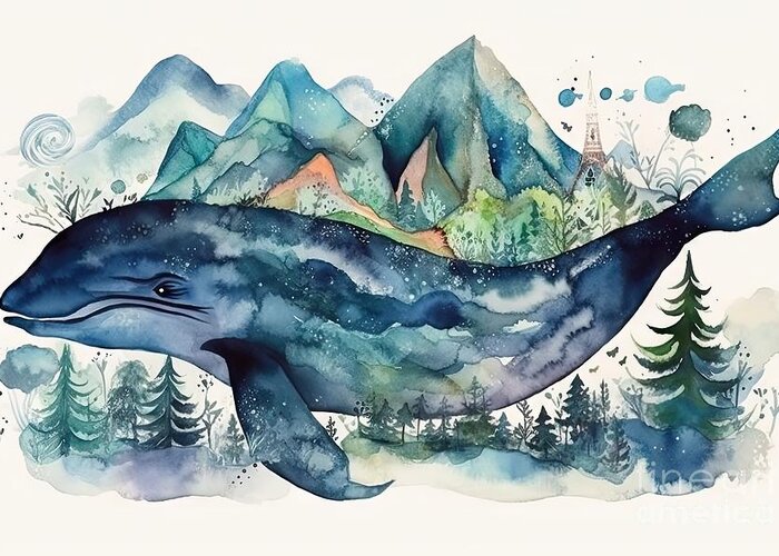 Blue Greeting Card featuring the painting Watercolor mythical whale carries the world forest mountains and sea abstract art by N Akkash