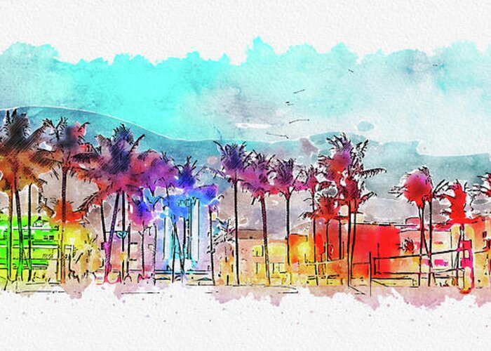 Watercolor Greeting Card featuring the digital art Watercolor painting illustration of Miami Beach Ocean Drive panorama with hotels and restaurants at sunset by Maria Kray