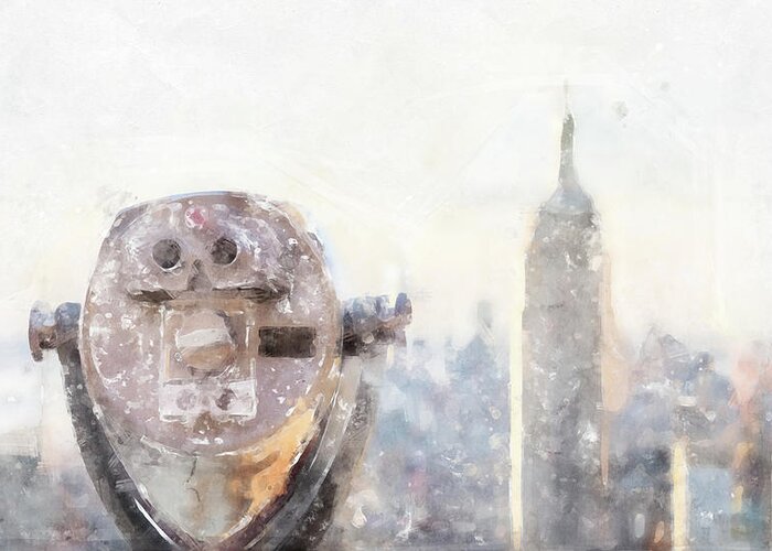 Tourism Greeting Card featuring the digital art Watercolor painting illustration of Panorama with Binoculars looking at skyline in midtown Manhattan, New York City, USA by Maria Kray